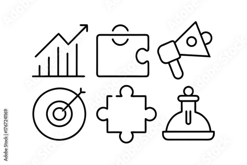 Business Strategy Icons With Target, Puzzle Pieces And Megaphone success goal