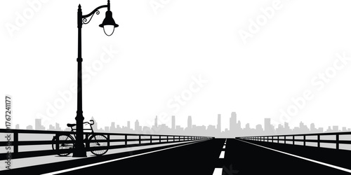 A solitary vintage bicycle leaning against a classic lamppost on a bridge overlooking a distant city skyline isolated on transparent background
