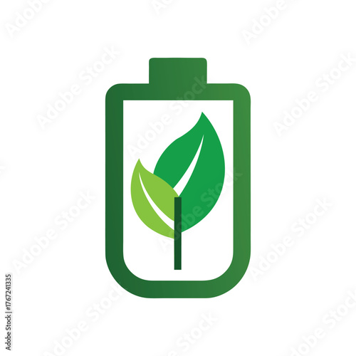 Green Battery Icon with Growing Leaves Eco Energy Concept leaf