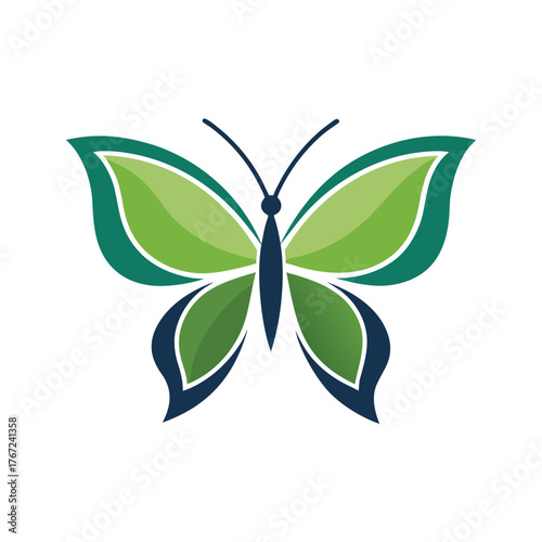 Green butterfly logo with dark blue accents and white background insect nature