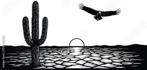 Black and white illustration of a saguaro cactus and soaring eagle over a cracked desert landscape with a setting sun isolated on transparent background