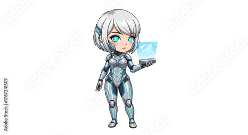 Charming chibi android character displaying a vibrant holographic interface, symbolizing innovation in artificial intelligence, virtual reality, and future technology in a sleek, modern illustration