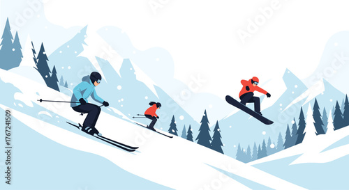 Three skiers and a snowboarder enjoying a snowy mountain slope with pine trees and peaks in the background.