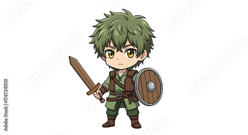 A cute chibi anime boy character with green hair, dressed as a fantasy warrior. This brave little adventurer holds a wooden sword and shield, ready for a medieval RPG quest concept