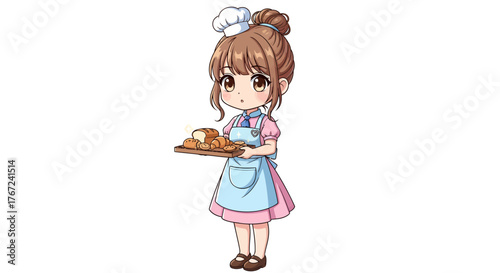 Chibi baker girl holding a tray of freshly baked bread and pastries, dressed in a chef's hat and apron, cute illustration for culinary themes