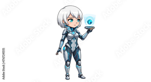 Futuristic cyborg woman in a sleek white and blue suit holding a glowing orb, science fiction character design