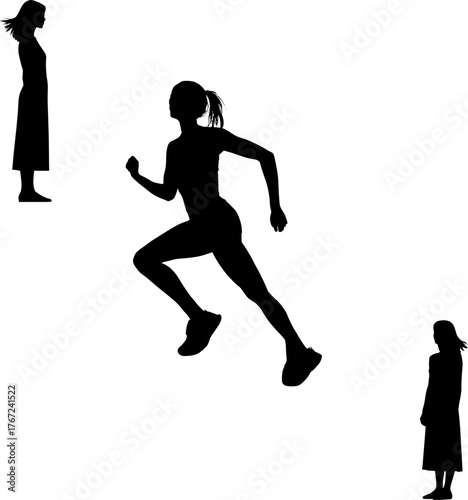Silhouettes of Young girl running and standing alone.