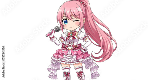 Anime idol girl with pink hair winking and holding a microphone, ready to sing and perform for an audience