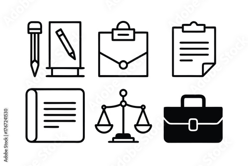 Legal And Business Icons Set With Scales Of Justice And Briefcases balance