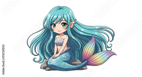 Adorable chibi style mermaid illustration with long flowing aqua hair and a vibrant rainbow-colored tail, peacefully sitting on a rock, conveying wonder and fantasy