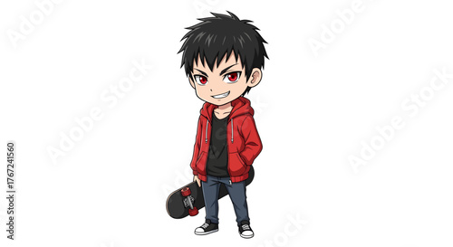 Vibrant anime-style boy in red hoodie, holding a skateboard with a mischievous grin. This youthful urban character illustration exudes cool and energetic playfulness