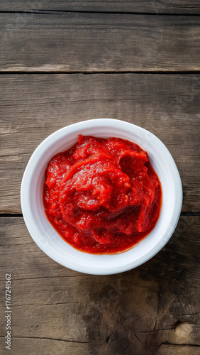 Natural tomato puree in white bowl on rustic wooden background, concept of Mediterranean and homemade food.