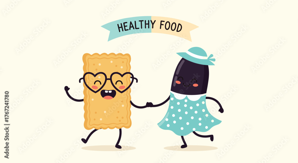 Obraz premium Two cartoon food items, a cracker and an olive, dancing and holding hands under a healthy food banner.