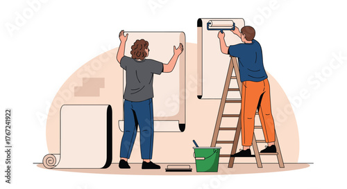 Two people are collaborating on home renovation, meticulously applying new wallpaper to the walls to update the interior of a room.