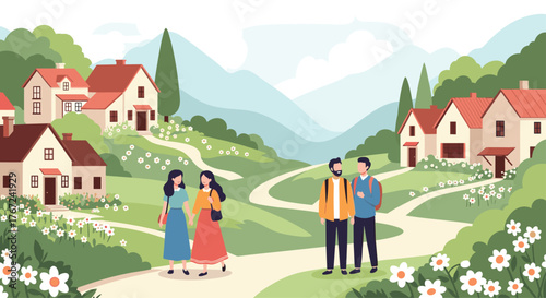 Illustration of friends walking through a scenic village with rolling hills and quaint houses.