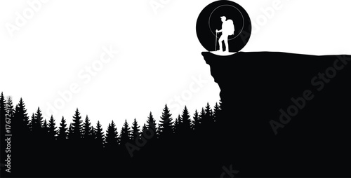 Silhouette of a lone hiker standing on the edge of a cliff overlooking a dense forest isolated on transparent background
