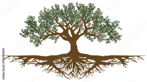 Detailed illustration of a green tree with a strong trunk and extensive, intricate root system. Nature, growth, foundation concept.