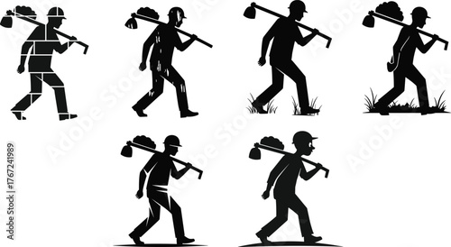 Construction worker carrying materials on shoulder, hard labor illustration, manual work concept, building industry, teamwork, effort, strength, silhouette design, vector art