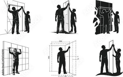 Construction workers installing drywall panel, measuring wall dimensions, home renovation process, interior wall setup, teamwork building concept, vector illustration silhouette