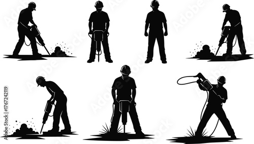 Construction worker using jackhammer on site, road repair and demolition process, industrial work safety concept, black silhouette vector illustration