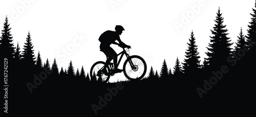 Silhouette of a mountain biker riding on a trail through a dark forest with tall evergreen trees isolated on transparent background