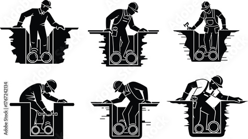 Construction workers installing underground pipes, plumbing maintenance, trench work, repair service, utility installation process, teamwork, engineering concept, black and white vector illustration