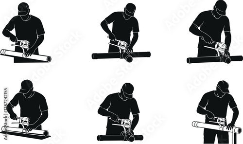 Plumber working with pipe cutter tool, cutting metal and plastic pipes, plumbing repair maintenance concept, industrial worker silhouette vector illustration