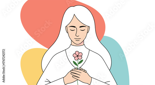 Illustration of a calm woman with closed eyes holding a flower, representing peace, self-care, and mindfulness in a colorful setting.