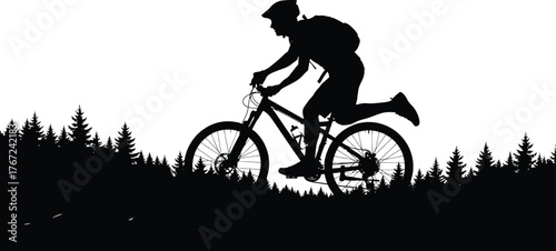 Silhouette of a mountain biker riding a bicycle through a forest with trees isolated on transparent background