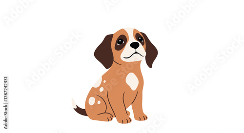 Cute cartoon puppy sitting patiently and looking upwards with big, sad eyes.