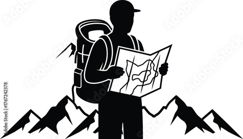 Silhouette of a hiker with a backpack and map in front of mountains isolated on transparent background