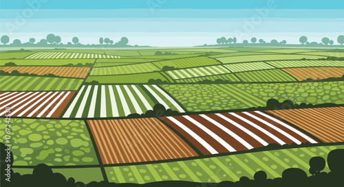 Illustration of a rural landscape with fields showcasing different crops and farming techniques in a green agricultural setting.