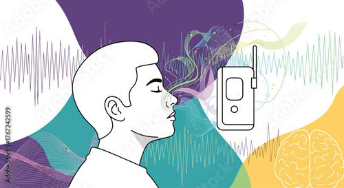 Man inhales deeply next to air quality monitor surrounded by colorful abstract waves and brain symbol, representing awareness and health consciousness.