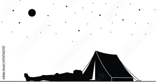 Silhouette of a person lying outside a tent looking up at a starry night sky isolated on transparent background