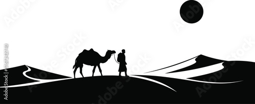 Silhouette of a lone camel and a traveler standing on sand dunes under a dark sun isolated on transparent background
