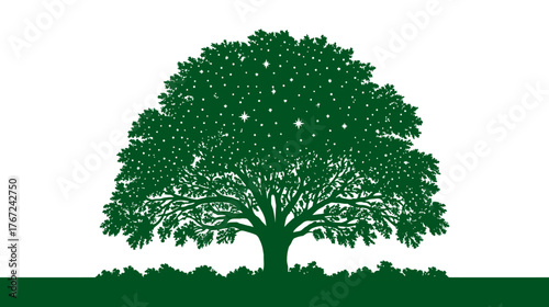 Majestic Green Tree Illustration with Dense Foliage and Strong Trunk. Nature, Growth, and Environment Concept Art Vector