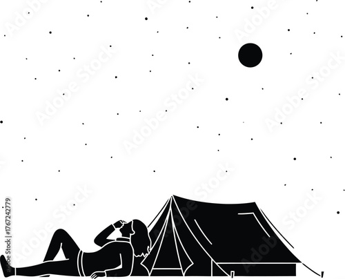 Silhouette of a person lying down next to a tent looking up at the starry night sky and a flying disc isolated on transparent background