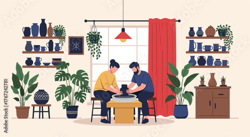 Couple crafting pottery in a cozy studio filled with plants, shelves displaying diverse ceramic pieces, and a warm ambiance.