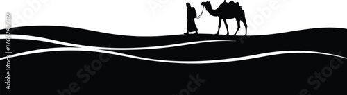 Silhouette of a man and camel walking across desert dunes under a large sun isolated on transparent background