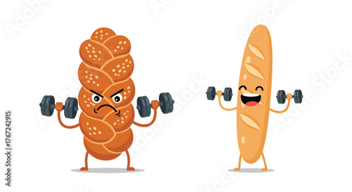 A comical illustration depicting two types of bread, a braided loaf, and a baguette, both holding dumbbells while working out, humorously representing fitness and healthy eating habits.