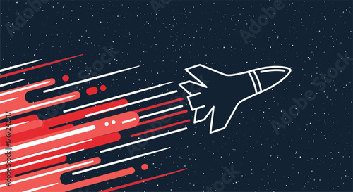 Rocket ship soars through the vast expanse of space, leaving a trail of fiery red energy, symbolizing innovation and exploration.