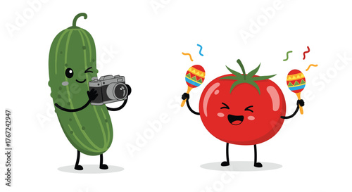 A cheerful cucumber takes a photo of a happy tomato playing maracas, creating a playful and festive scene.