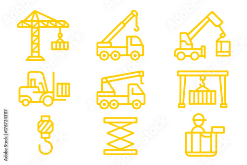 Set of 9 minimalist yellow icons showing industrial lifting equipment such as cranes and platforms, ideal for infrastructure, logistics, and construction design.