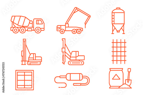 Red thin line vector icons of concrete and foundation equipment including mixers, pumps, and drills, perfect for building, industrial, and engineering visuals.