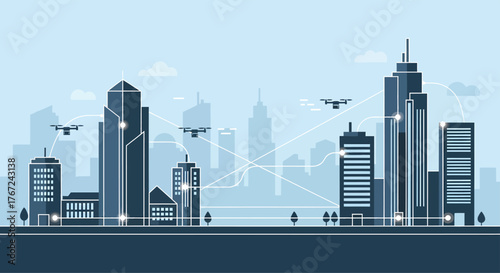 Drones flying over city skyline connecting buildings with digital network for smart technology and futuristic urban planning.
