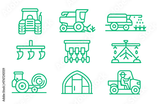 Green thin line vector icons of agricultural and rural machinery including tractors, harvesters, and irrigation systems, ideal for farming and eco-design visuals.