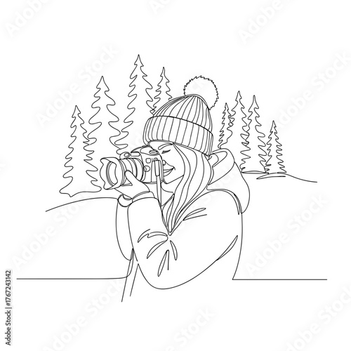 Woman holding camera in snowy forest in line art style symbolizing focus