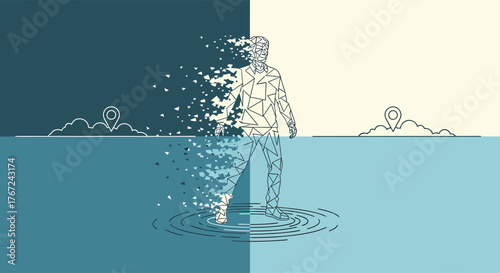 Abstract human figure disintegrates and reforms across a divided landscape, symbolizing transformation and new beginnings with a sense of hope.