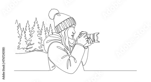 Woman holding camera in snowy forest in line art style symbolizing creativity