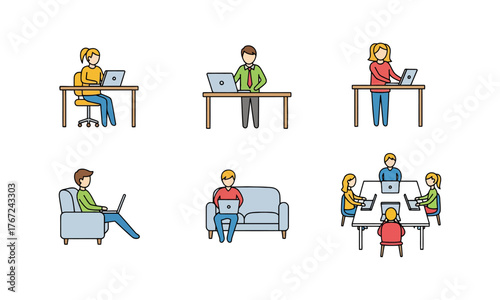 Flat Line Color Icons of Hybrid Work and Office Life